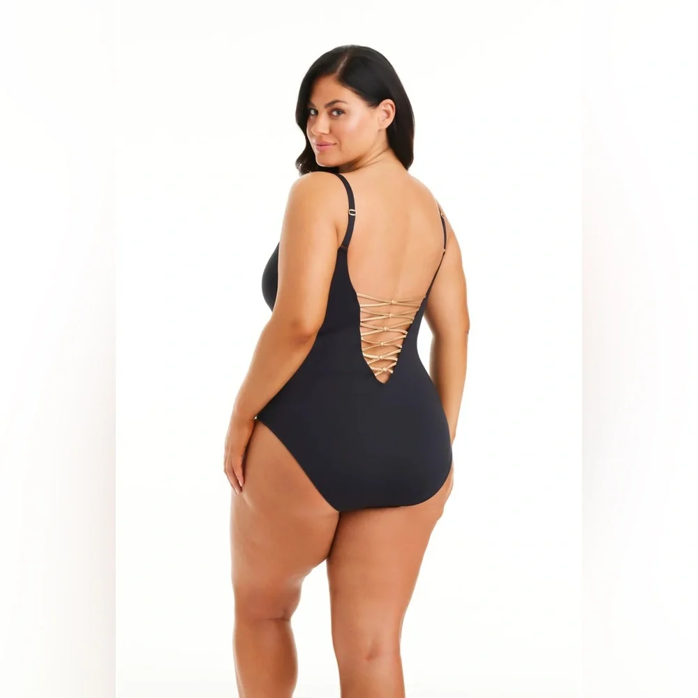 Bleu Rod Beattie Black Let’s Get Knotty Lace Up One Piece Swimsuit